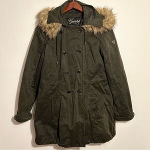 Y2K Guess Parka Jacket Women’s Medium Faux Fur Hooded Utility Coat